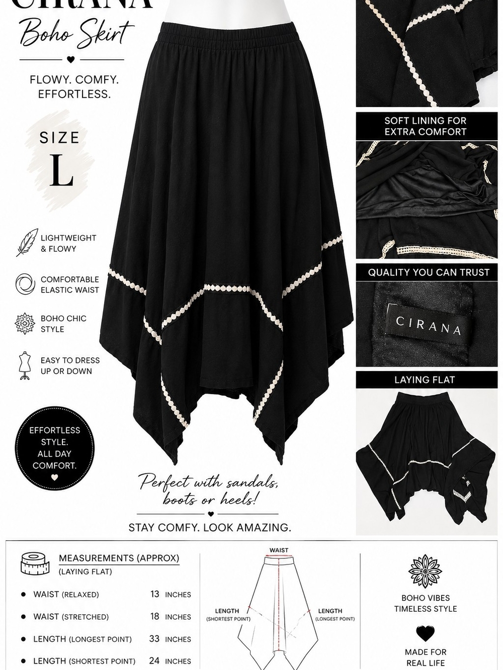 CIRANA Black Boho Asymmetrical Skirt – Size L